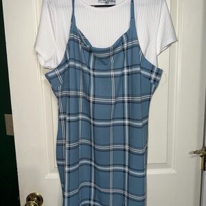 Blue Plaid Slip Dress with White Tee